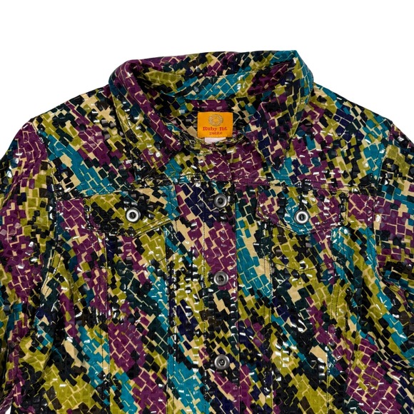 Ruby Rd. Petite Women's Jacket Multi Color Geometric Print Button Front Size 10P - Picture 4 of 12